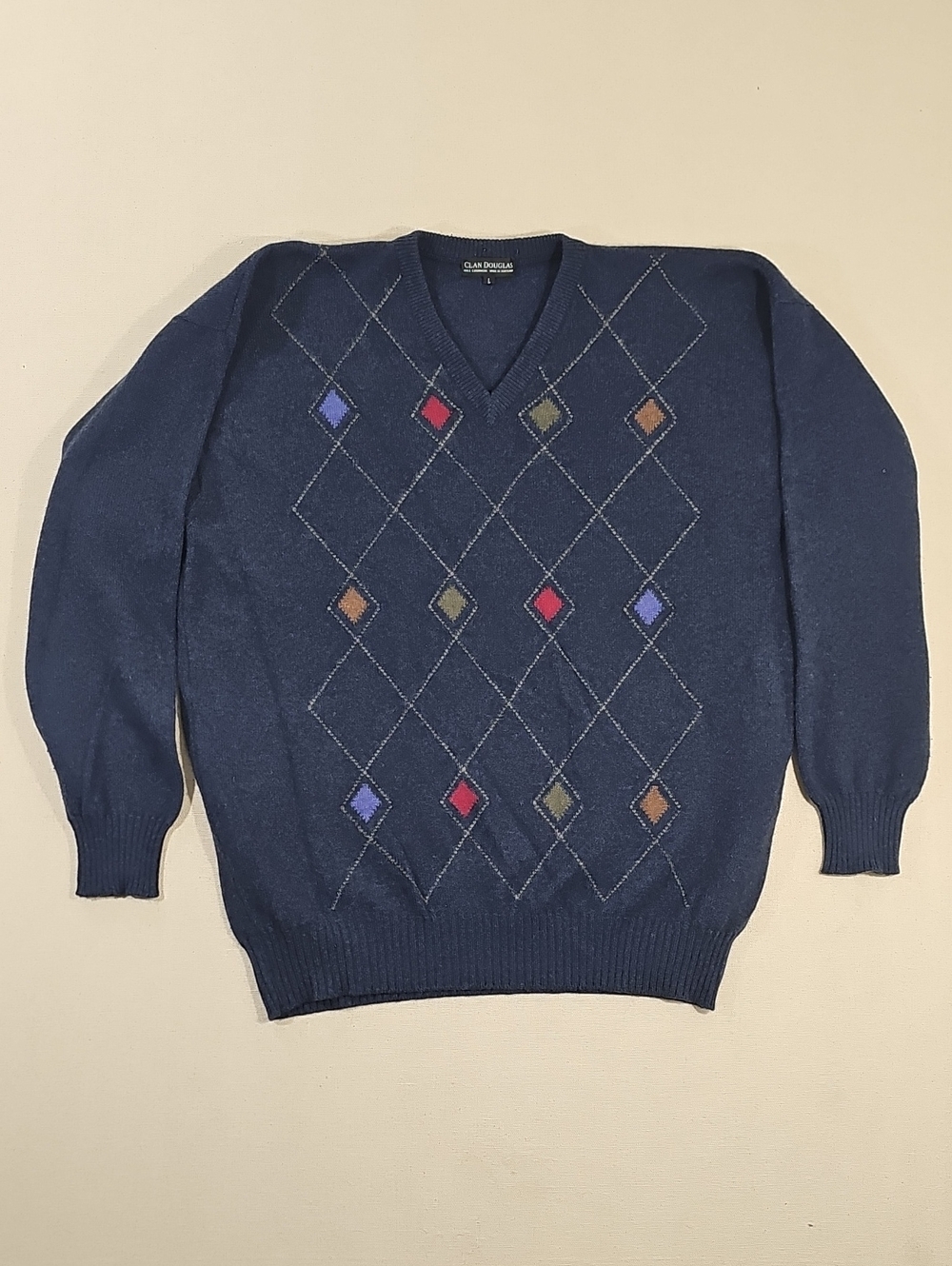Club Room Navy V-Neck Argyle Sweater with Multi-Color Diamonds
